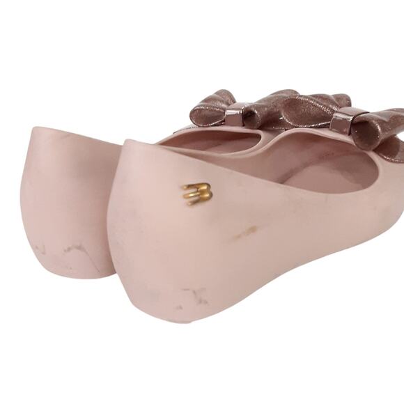 Mini Melissa Girls 12 UltraGel Bow Flats Rose Gold Glitter Ballet Flats Pink - Picture 5 of 11